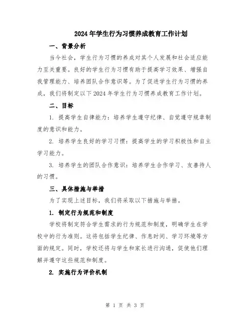 2024年学生行为习惯养成教育工作计划