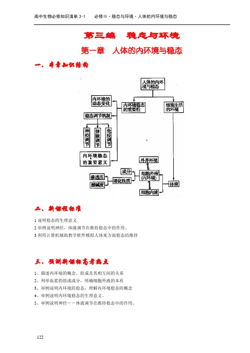 高中生物必修知识清单3-1人体的内环境与稳态