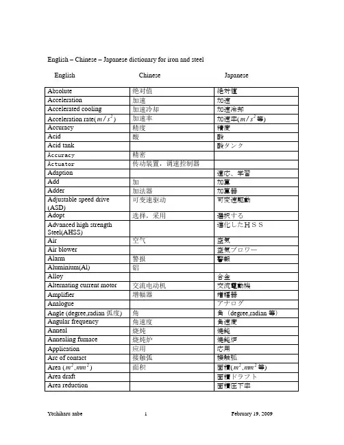 英、日、中文三国语对照钢铁、电气、轧制、自动化方面专业词汇