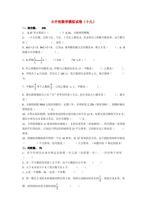2011年小升初数学模拟试卷(十九)(无答案)