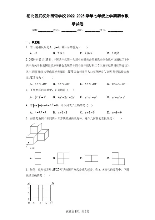 湖北省武汉外国语学校2022-2023学年七年级上学期期末数学试卷