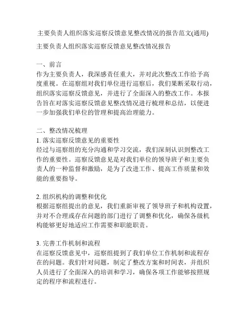 主要负责人组织落实巡察反馈意见整改情况的报告范文(通用)