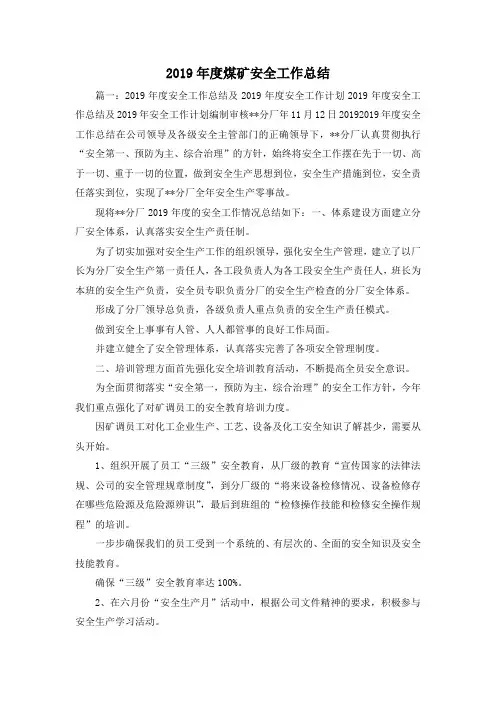 工作总结-2019年度煤矿安全工作总结102019 精品