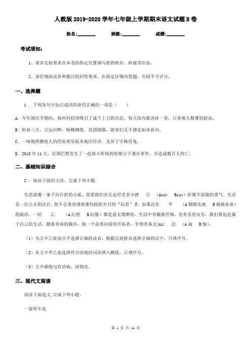 人教版2019-2020学年七年级上学期期末语文试题B卷(测试)