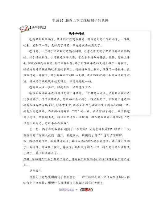 【统编小学语文三年级阅读理解专题】 07 联系上下文理解句子的意思 教师版(试题)