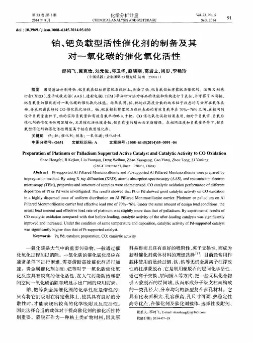 铂、钯负载型活性催化剂的制备及其对一氧化碳的催化氧化活性