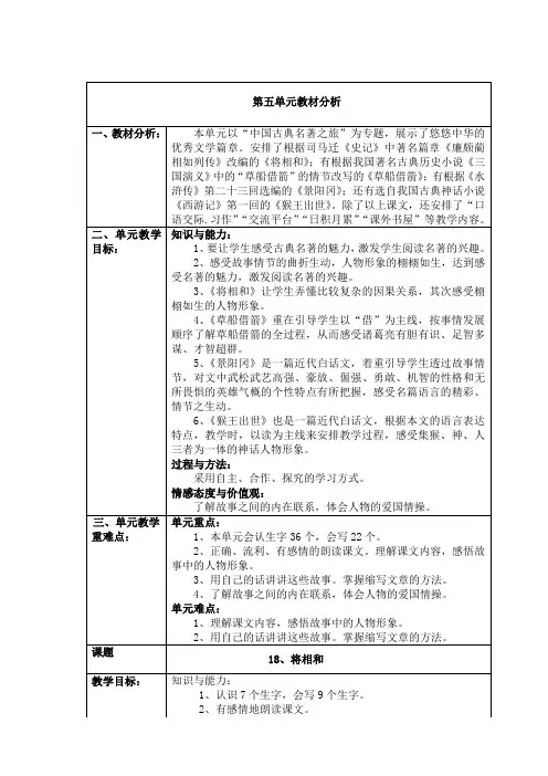 新课标人教版五年级下册将相和、草创借箭、景阳冈表格教案