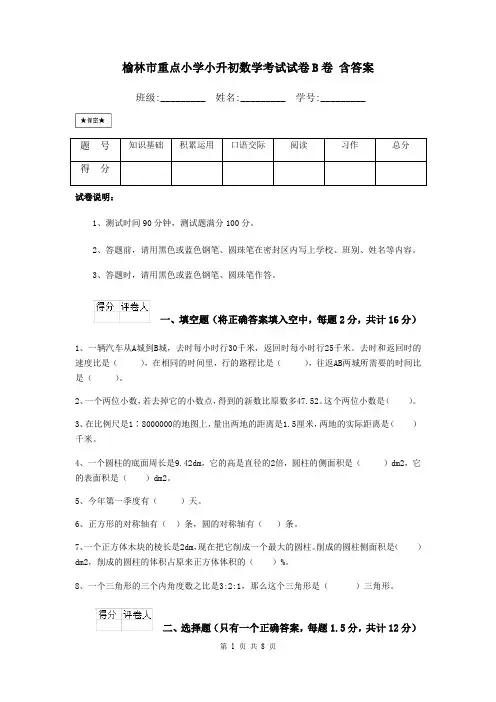 榆林市重点小学小升初数学考试试卷B卷 含答案