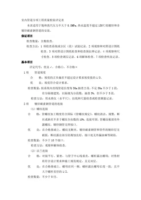 室内管道分项工程质量检验评定表