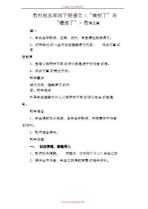 精选教科版五年级下册语文《美极了与糟透了》教案三篇