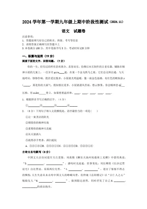 2024学年第一学期九年级上期中阶段性测试试卷