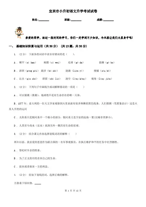 宜宾市小升初语文升学考试试卷