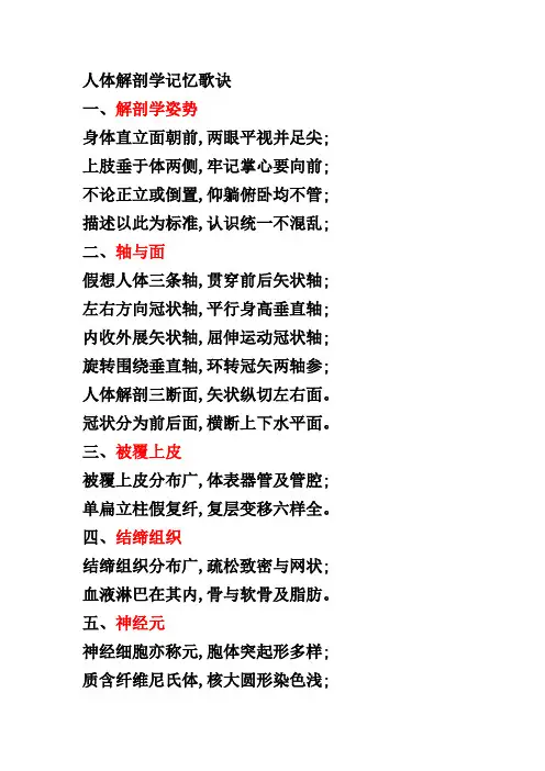 解剖学记忆歌诀完整版