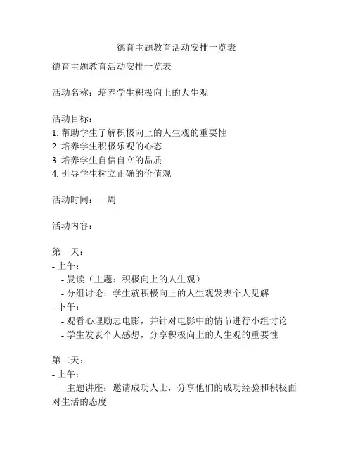 德育主题教育活动安排一览表