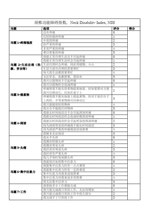 颈椎功能障碍指数, Neck Disabilitv Index, NDI(中文版)