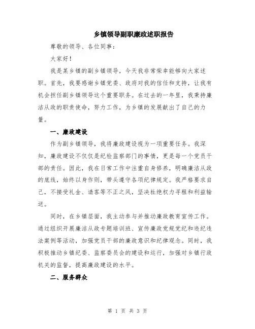 乡镇领导副职廉政述职报告