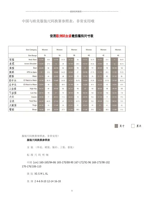 中国与欧美服装尺码换算参照表精编版