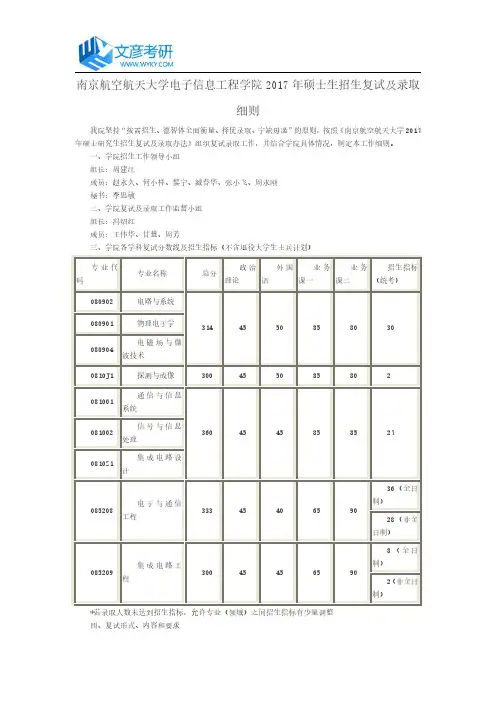 南京航空航天大学电子信息工程学院2017年硕士生招生复试及录取细则_南航考研网