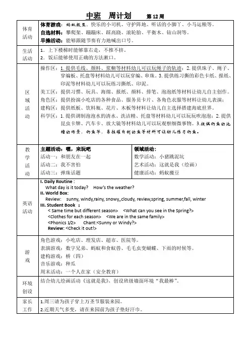 幼儿园班级周计划第12周