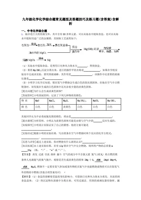 九年级化学化学综合题常见题型及答题技巧及练习题(含答案)含解析