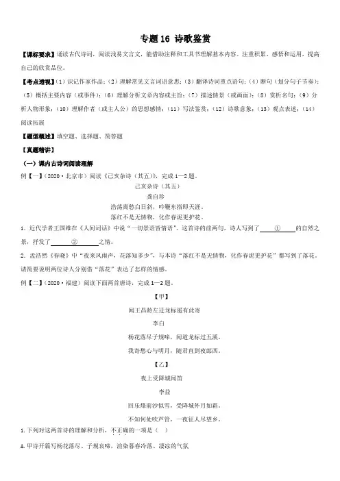 2021年中考一轮复习讲练测 (部编版)专题 16诗词鉴赏(原卷版)