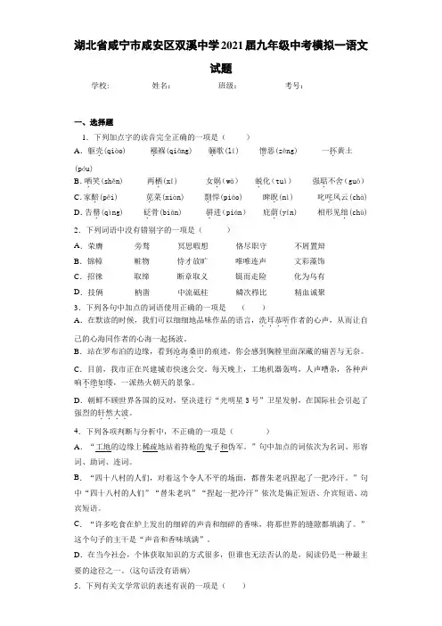 湖北省咸宁市咸安区双溪中学2021届九年级中考模拟一语文试题
