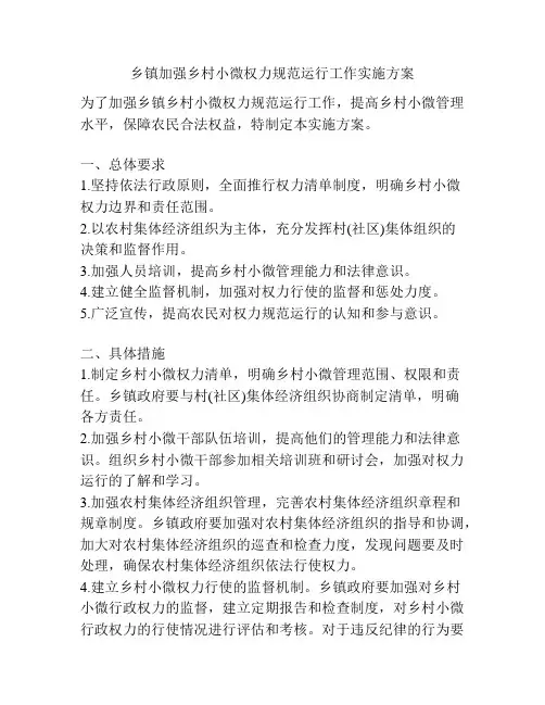 乡镇加强乡村小微权力规范运行工作实施方案