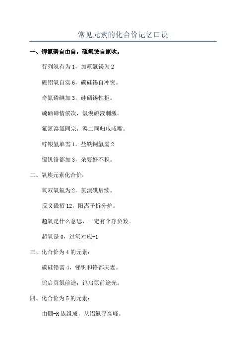 常见元素的化合价记忆口诀