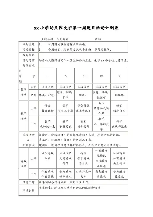 幼儿园大班第一周逐日活动计划表