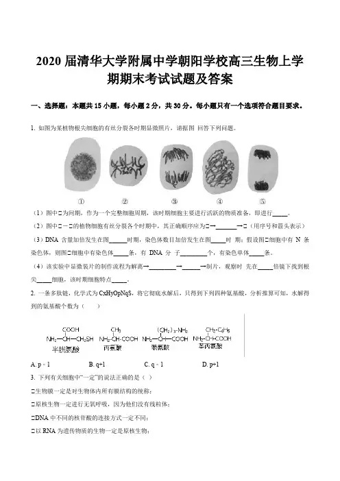 2020届清华大学附属中学朝阳学校高三生物上学期期末考试试题及答案