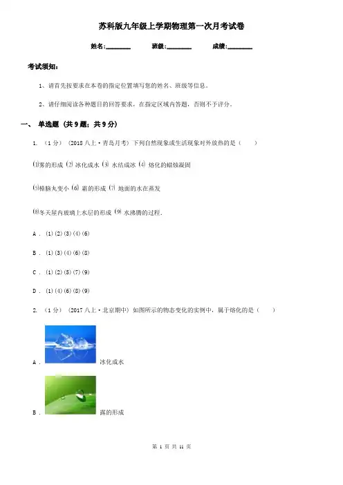 苏科版九年级上学期物理第一次月考试卷(模拟)