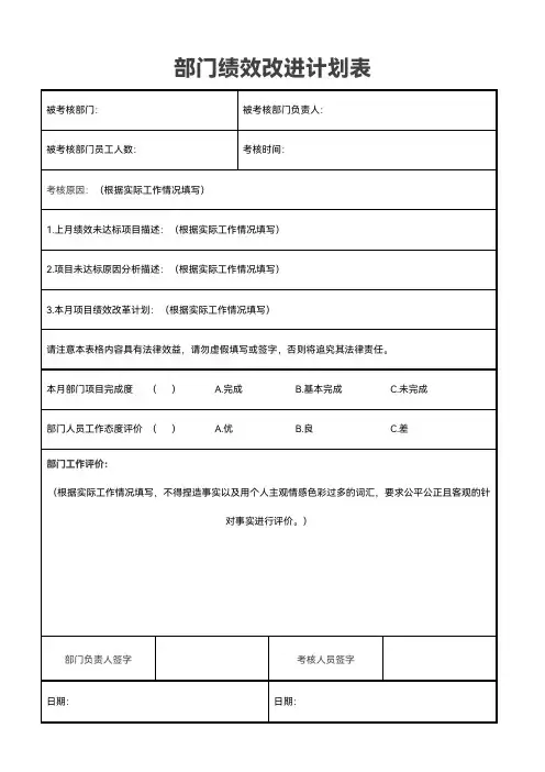 部门绩效改进计划表