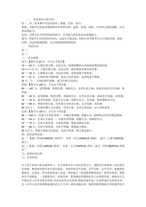 2013年度高一、高二美术专业期中考试工作安排