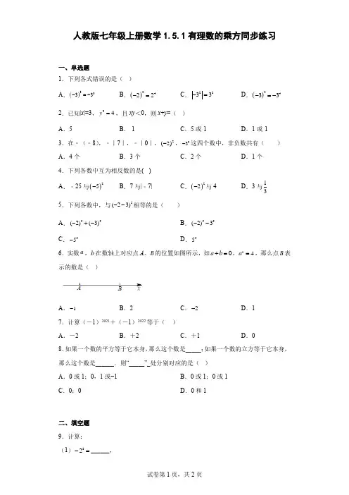 2022-2023学年人教版七年级上册数学《有理数的乘方》同步练习(含答案)