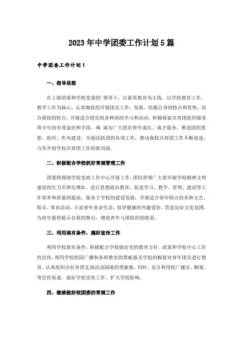 2023年中学团委工作计划5篇