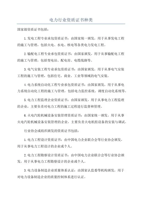 电力行业资质证书种类