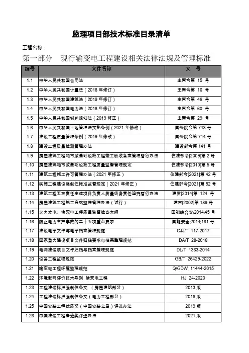 输变电工程建设现行主要质量管理制度、施工与验收质量标准目录(2023版)