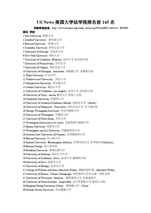 US News美国大学法学院排名前145名