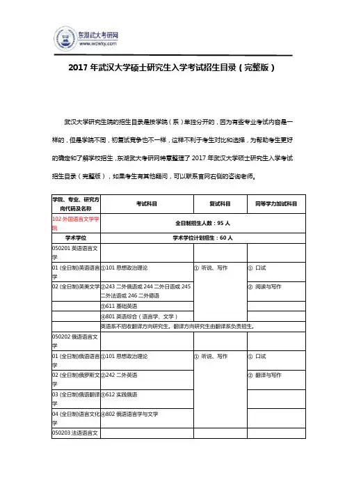 2017年武汉大学硕士研究生入学考试招生目录(完整版)