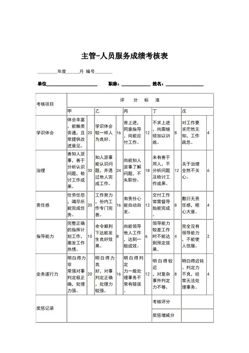 主管-人员服务成绩考核表