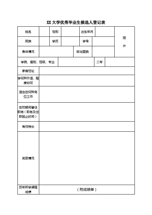 大学优秀毕业生候选人登记表以及班级汇总表