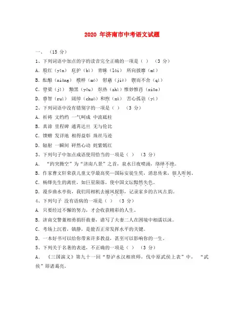 山东省济南市2020年中考语文真题试题(含解析)