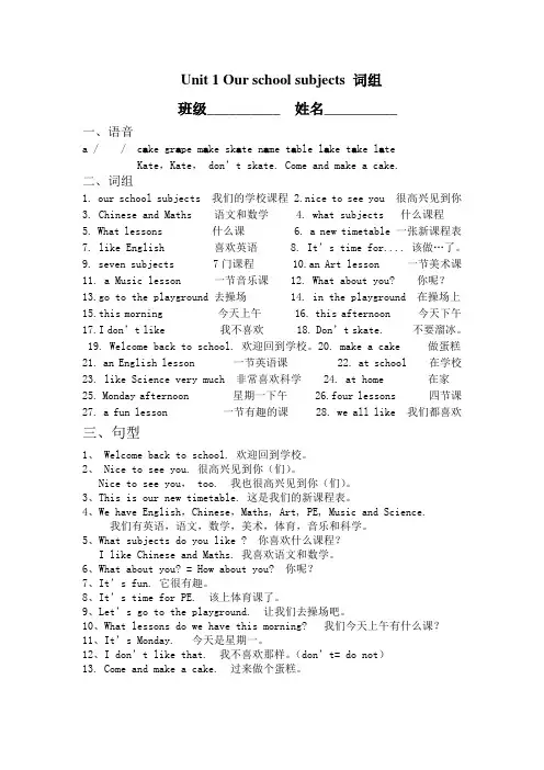 Unit 1 Our school subjects 知识要点