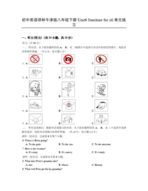 初中英语译林牛津版八年级下册Unit6 Sunshine for all单元练习