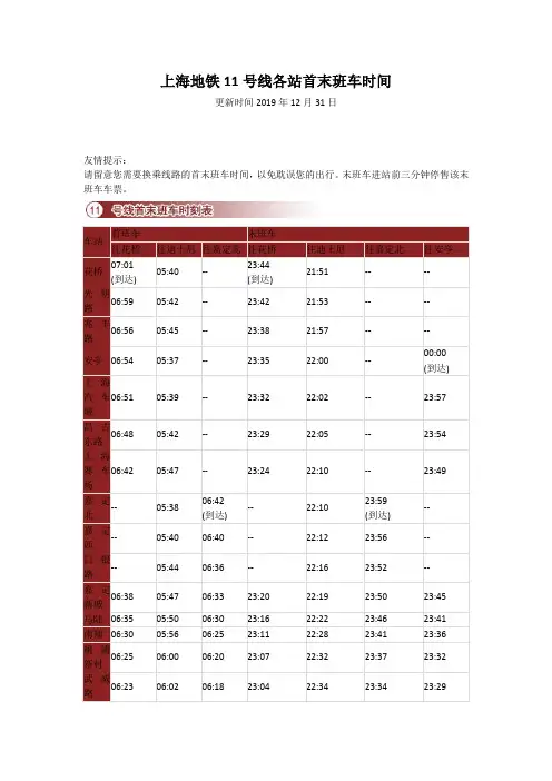 上海地铁11号线各站首末班车时间(更新时间2019年12月31日)