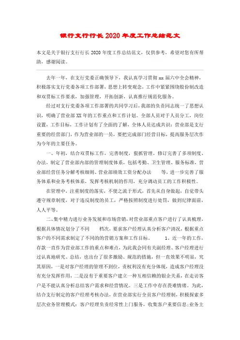 银行支行行长2020年度工作总结范文