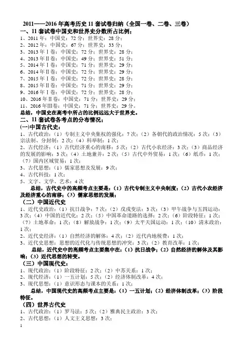 2011——2016年高考历史11套试卷归纳(全国一卷、二卷、三卷)