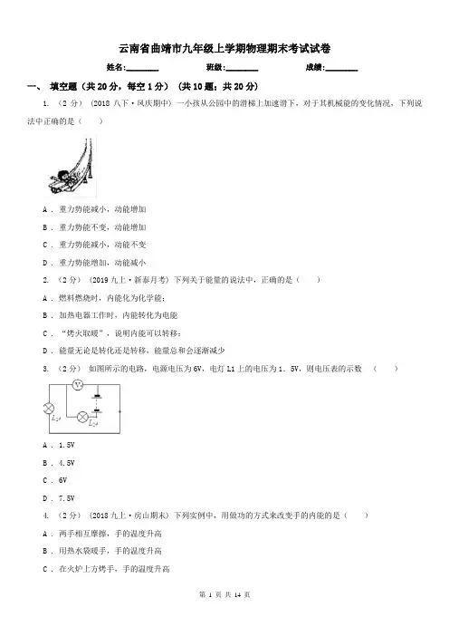 云南省曲靖市九年级上学期物理期末考试试卷