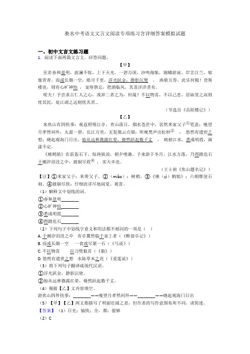 衡水中考语文文言文阅读专项练习含详细答案模拟试题