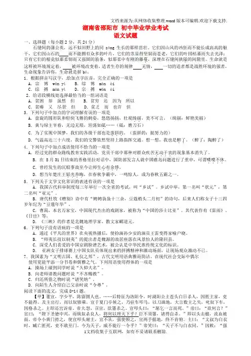 湖南省邵阳市中考语文真题试题含答案